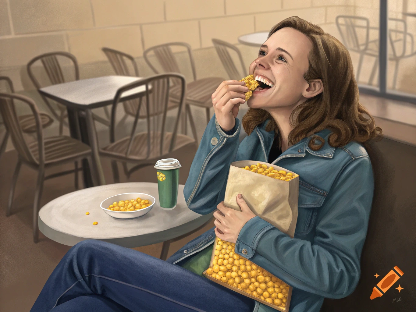 Woman laughing and eating corn nuts in a cafe, illustration.