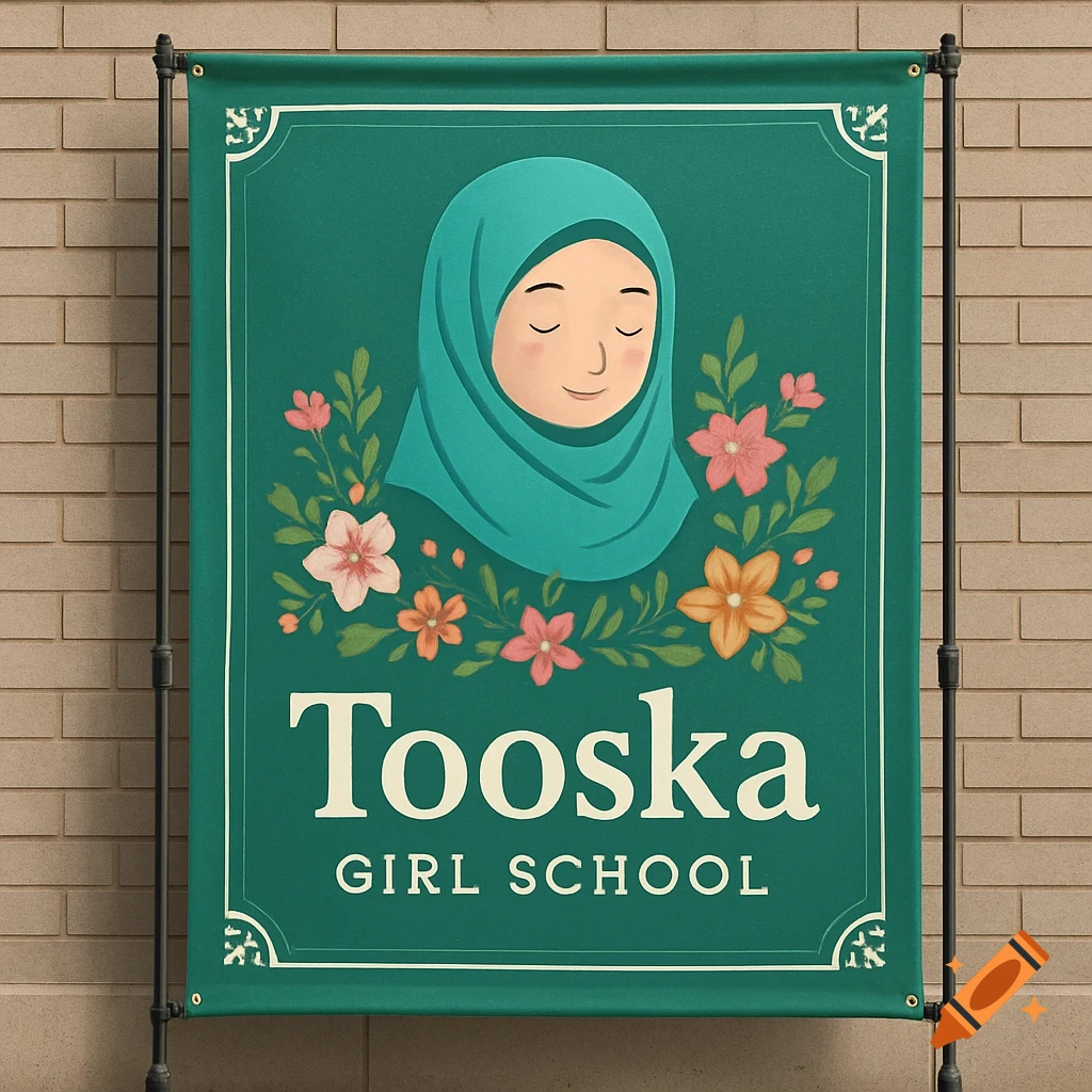 A green banner on a brick wall with an illustration of a person in a hijab, flowers, and the text 'Tooska GIRL SCHOOL'.
