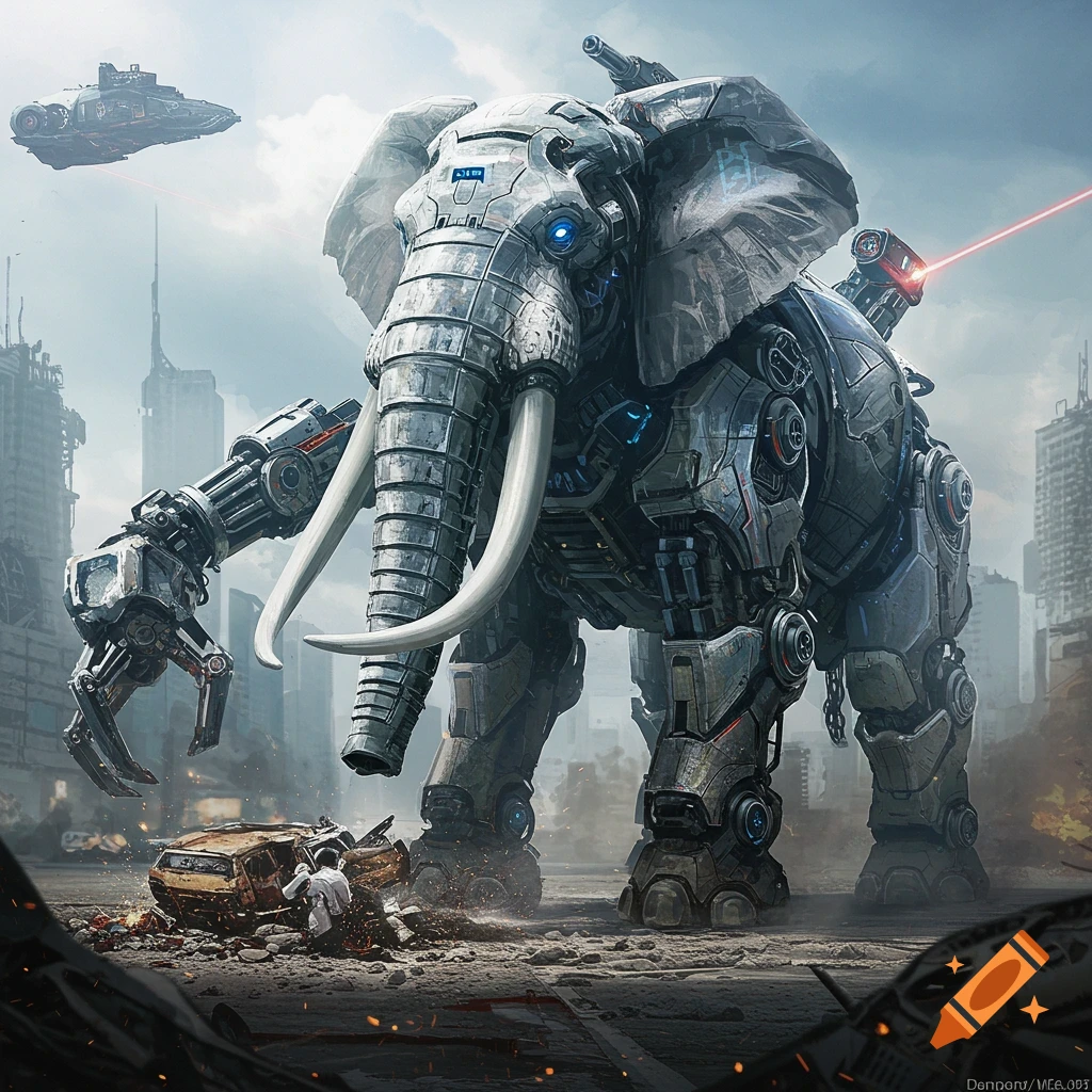 A large metallic elephant mech with tusks stands over a destroyed car in a ruined city, firing lasers from its back. A futuristic ship flies overhead.