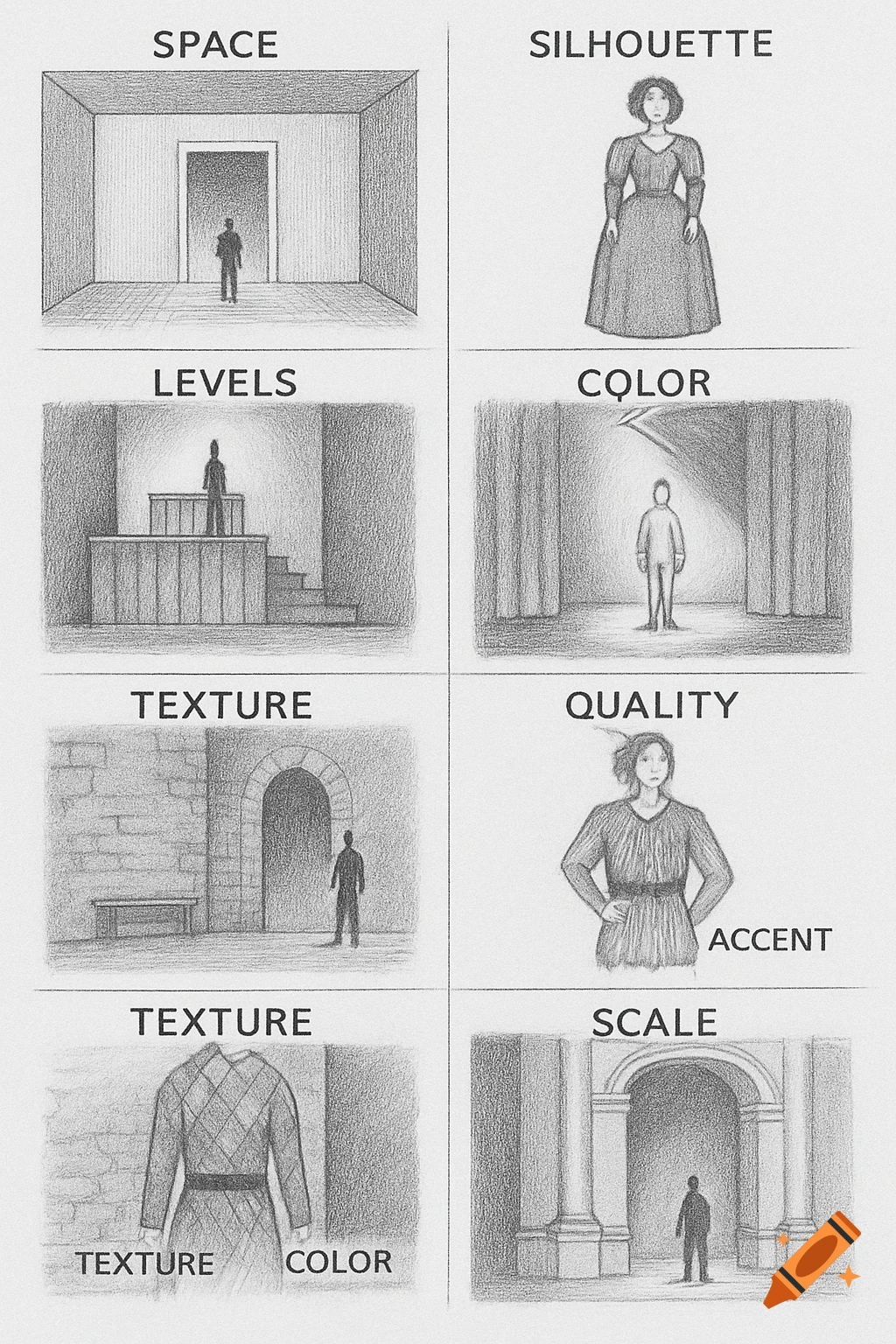 Pencil sketch grid illustrating theatrical design concepts like space, silhouette, levels, and texture.