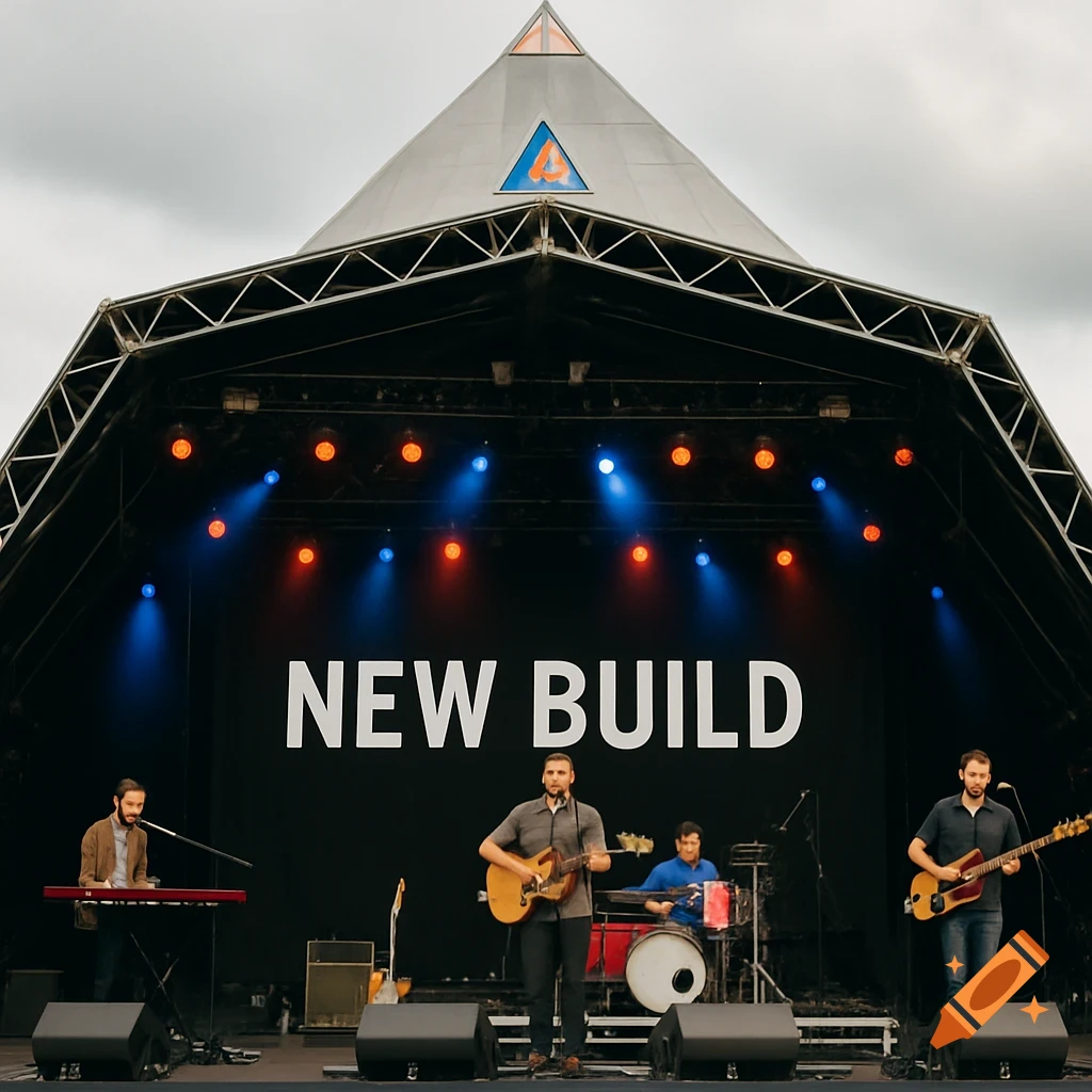 A band plays on a stage with 'NEW BUILD' displayed in the background.