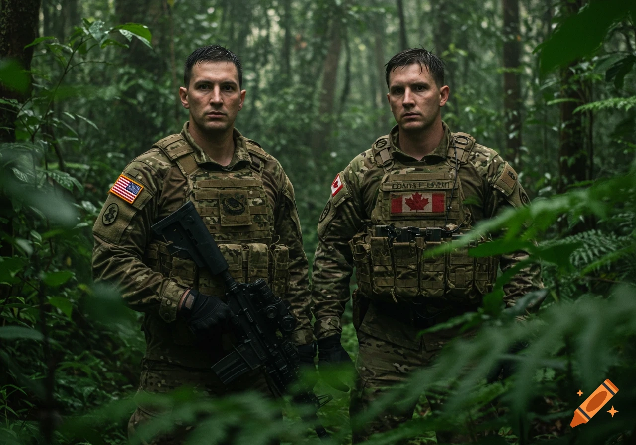 Two soldiers in camouflage gear stand in a rainforest.