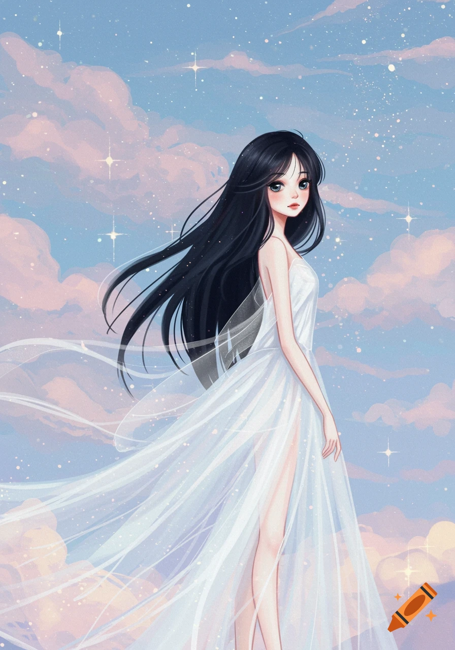 Anime illustration of a girl in a white dress standing among clouds and ...