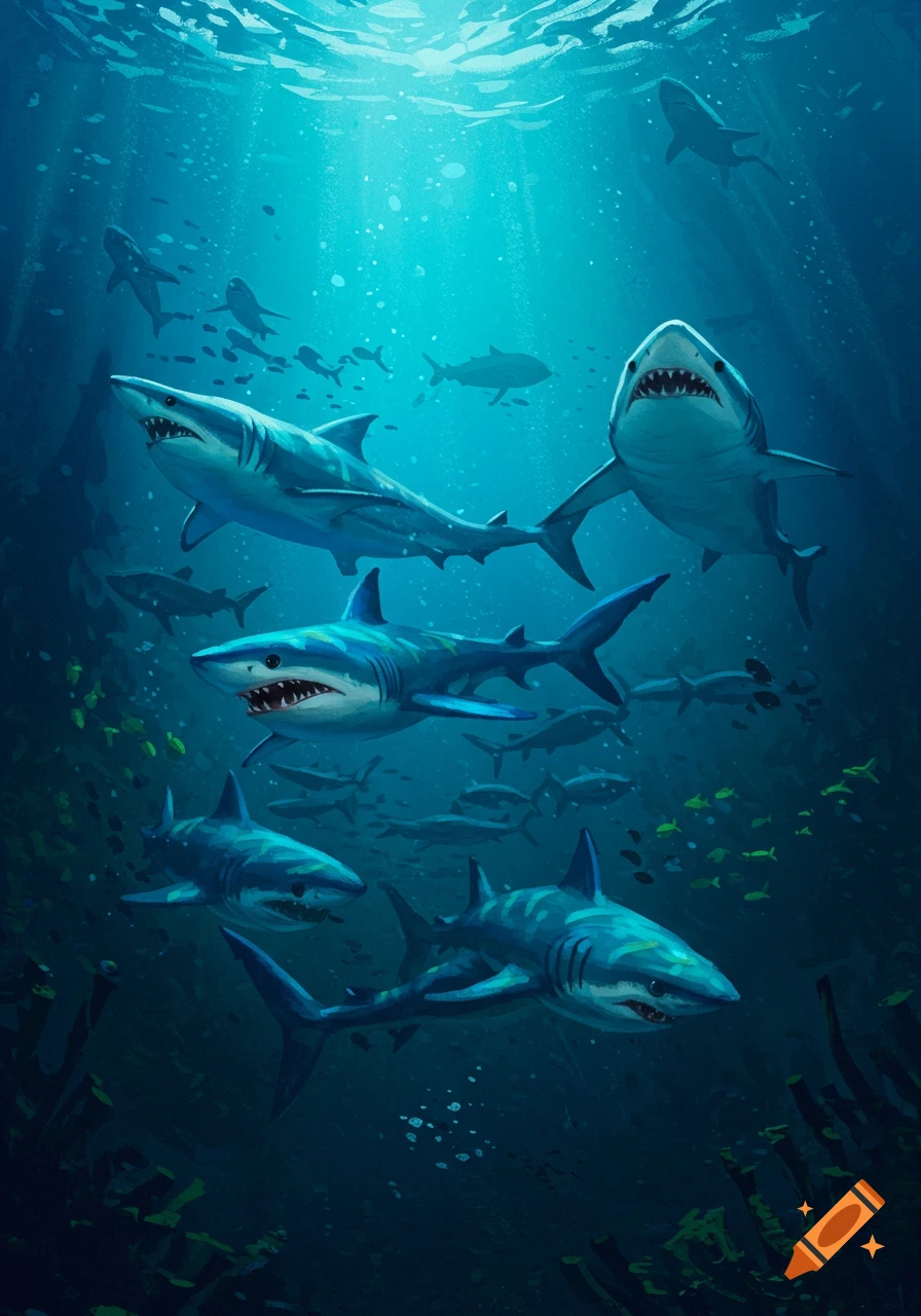 Digital illustration of several sharks swimming underwater with sunbeams from the surface.
