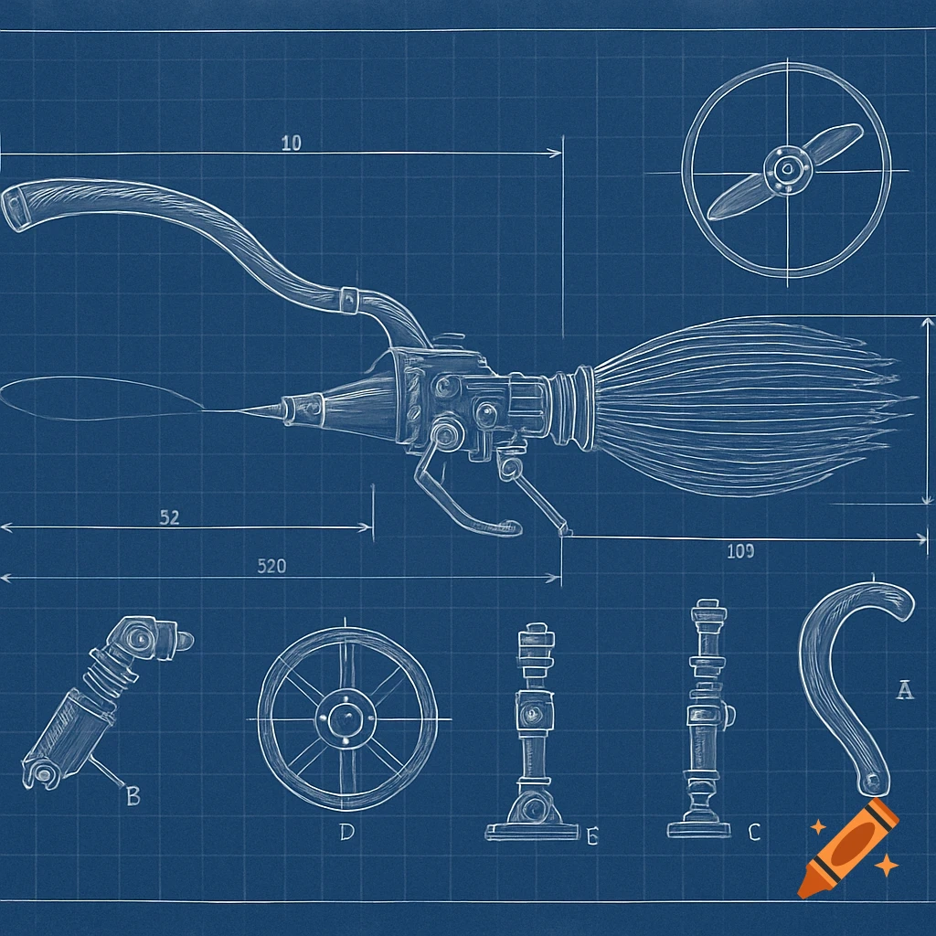 Blueprint drawing of a mechanical flying broomstick with dimensions and details.