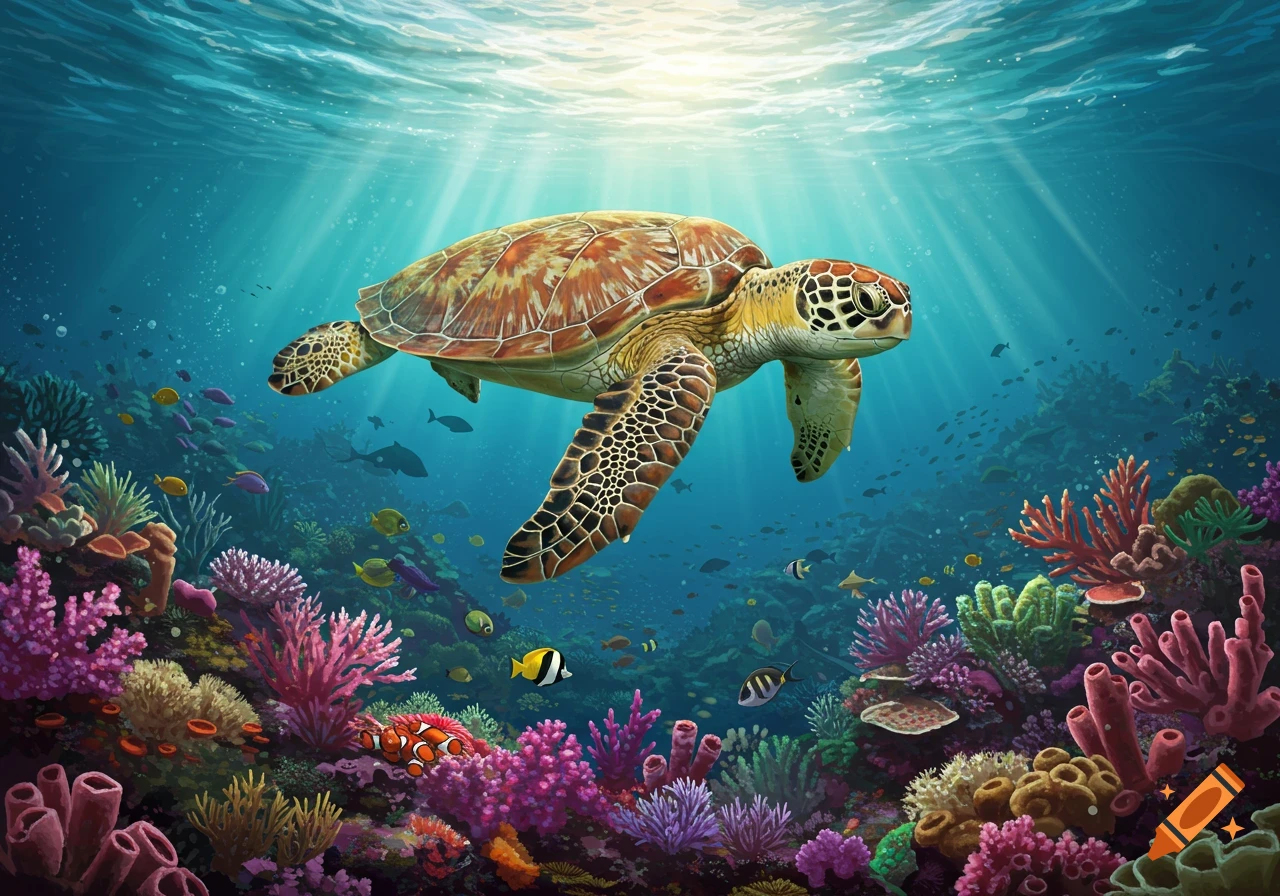 A turtle swims over a vibrant coral reef with sunbeams filtering from above.