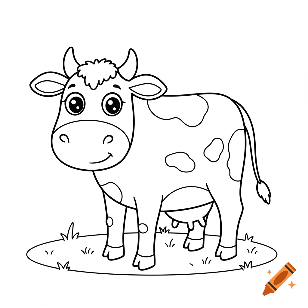 Black and white line drawing of a cartoon cow for coloring