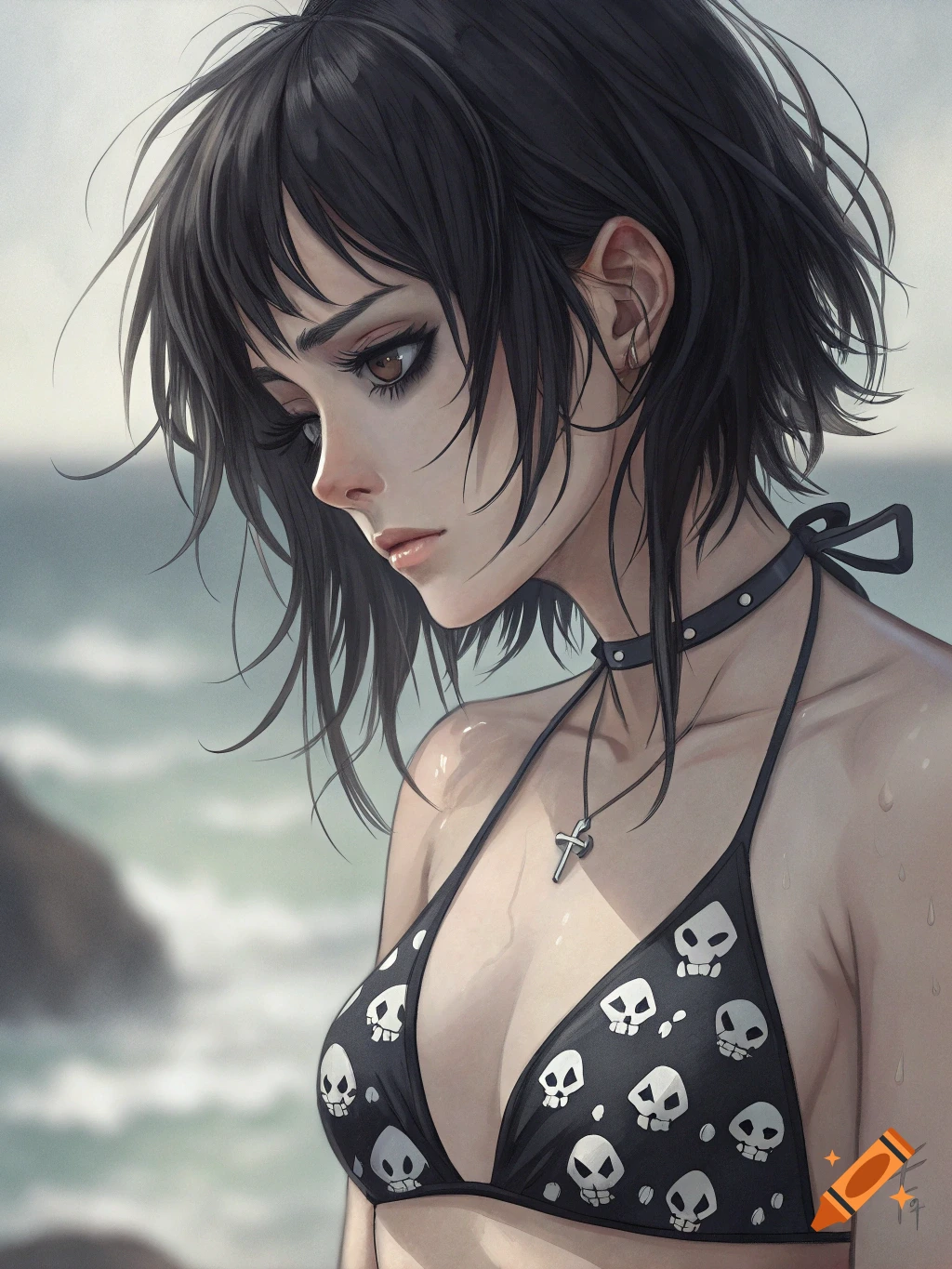Anime style emo girl in skull print bikini on the beach looking down