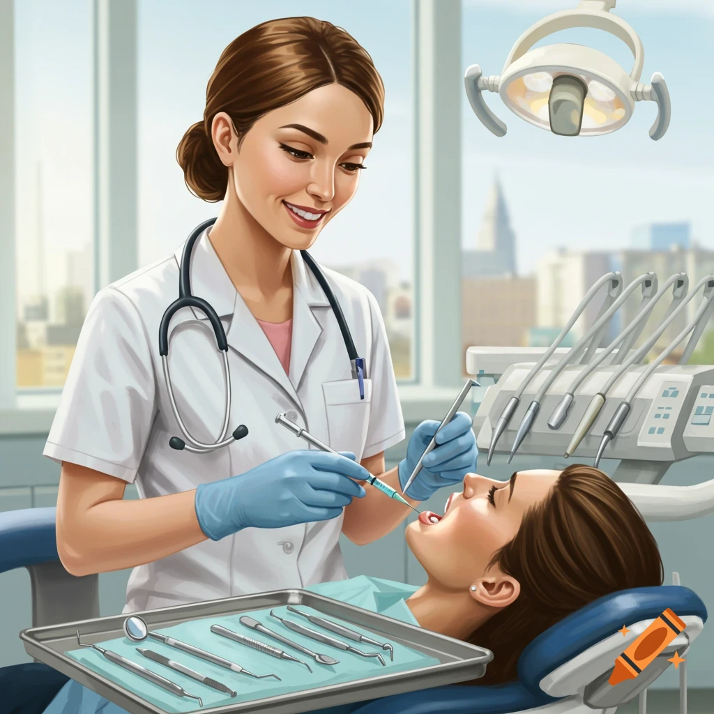 Illustrated image of a female dentist giving an injection to a patient in a dental chair.