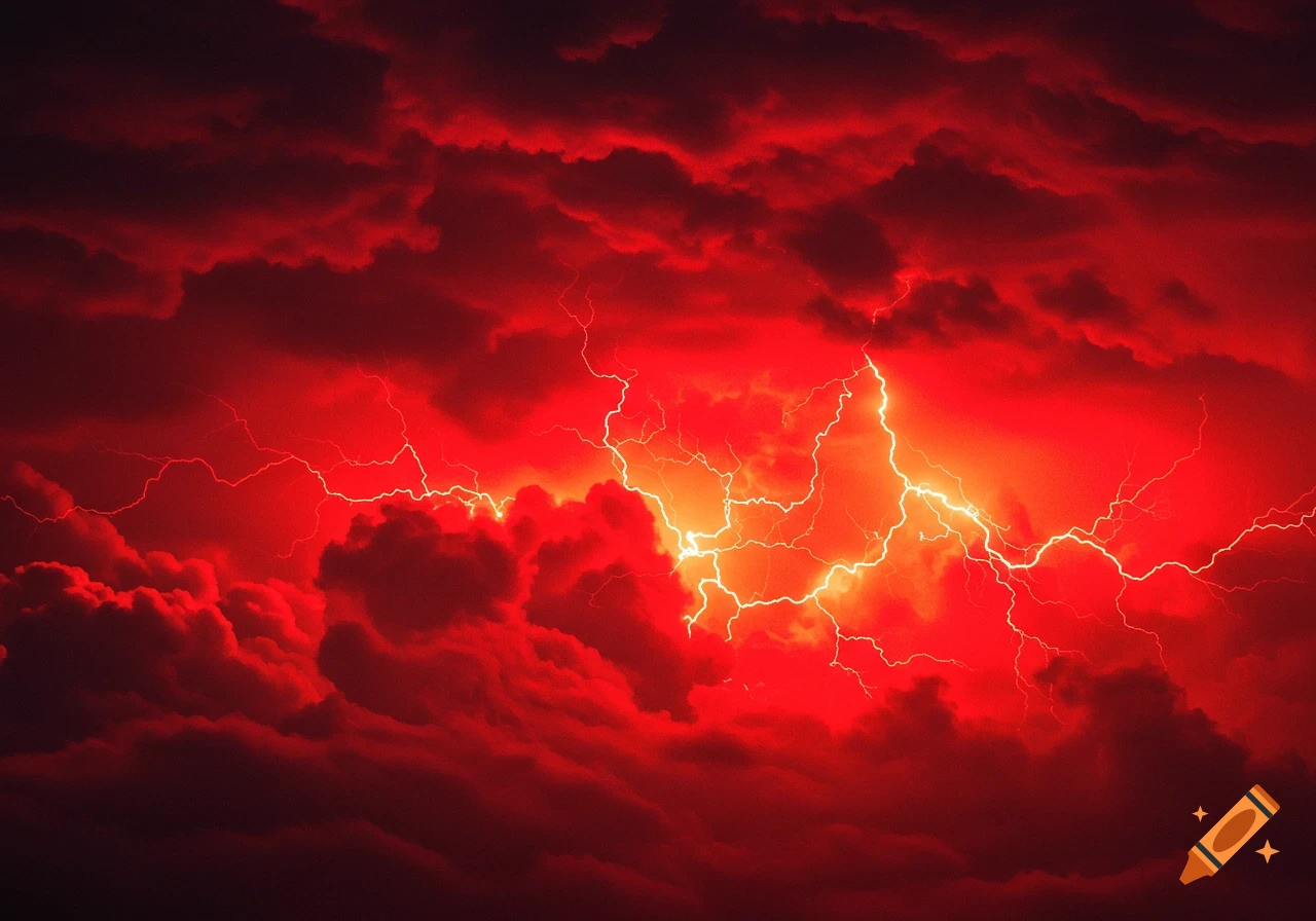 Dramatic red storm clouds with streaks of lightning