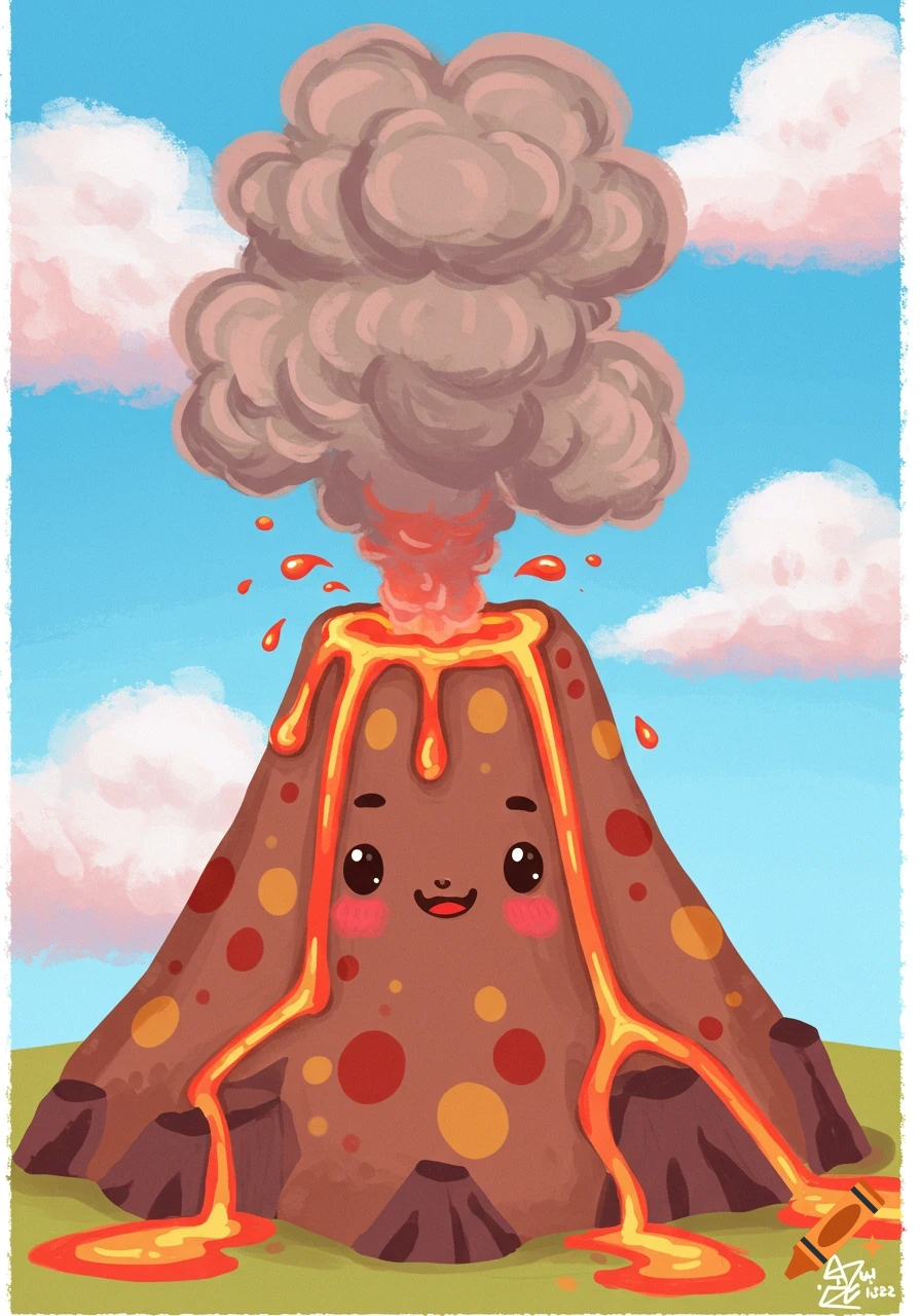 A cute cartoon volcano erupting with red lava and smoke, set against a blue sky with clouds.
