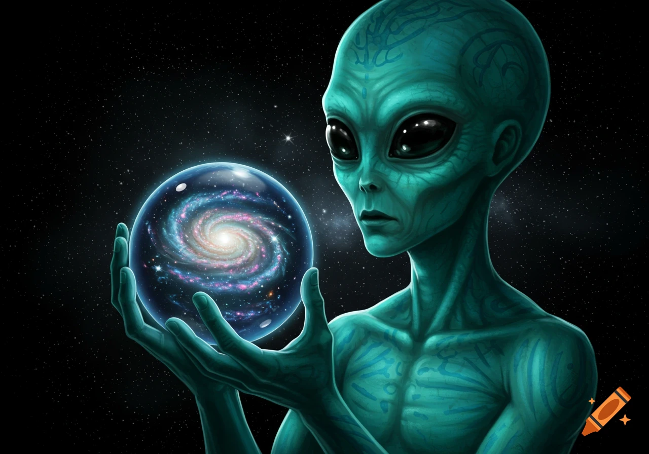 An alien holds a clear sphere containing a swirling galaxy against a starry background.