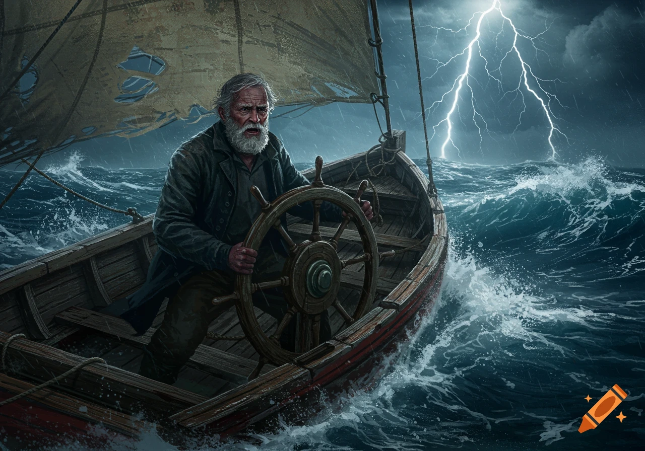 Old man steers a sailboat through a stormy ocean with lightning