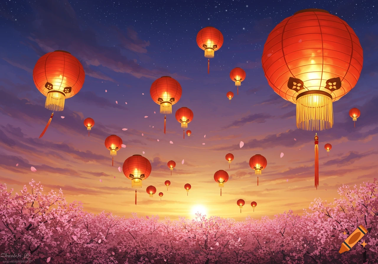 Anime style image of red lanterns floating in a sunset sky above a field of pink cherry blossoms with scattered petals.