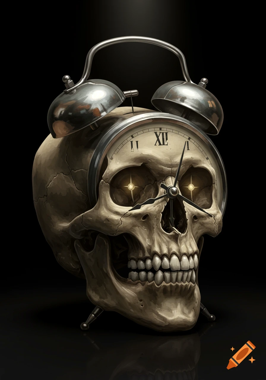 A skull with an alarm clock embedded in its forehead, eyes glowing, on a black background.