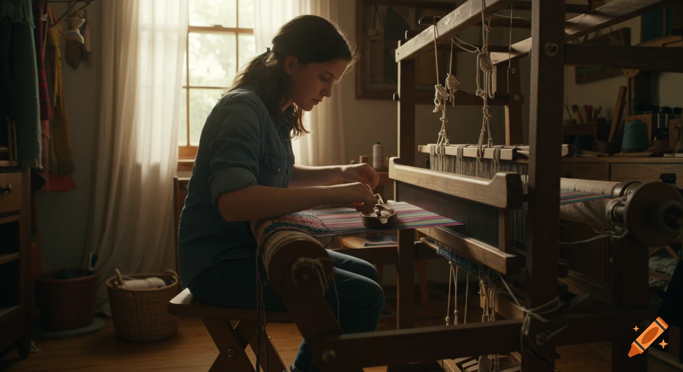 Photorealistic cinematic shot of a young woman working at a floor loom in a sunlit room.