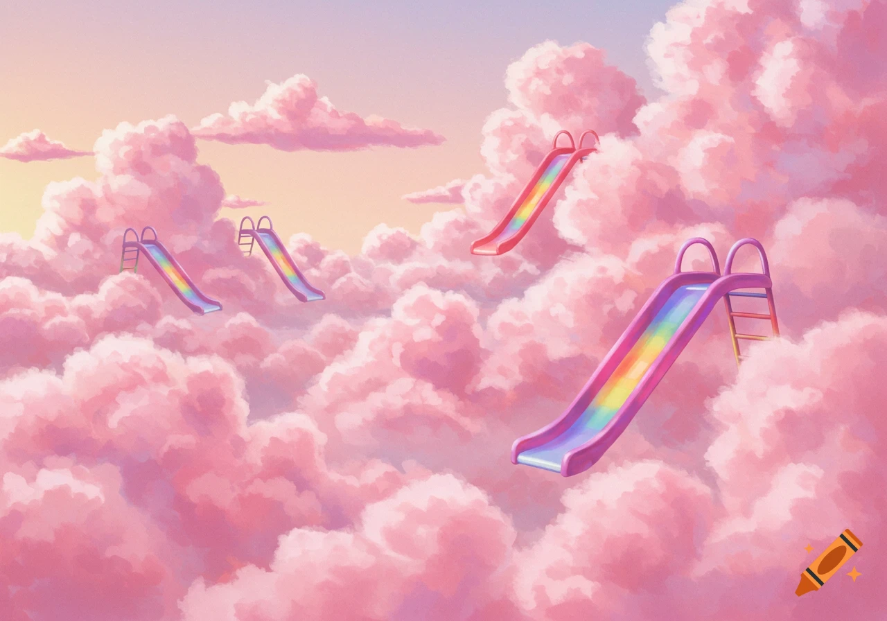 Illustration of colorful slides floating among pink clouds at sunset.