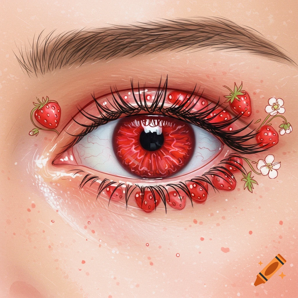 Illustration of an eye with strawberries surrounding it and a red iris.