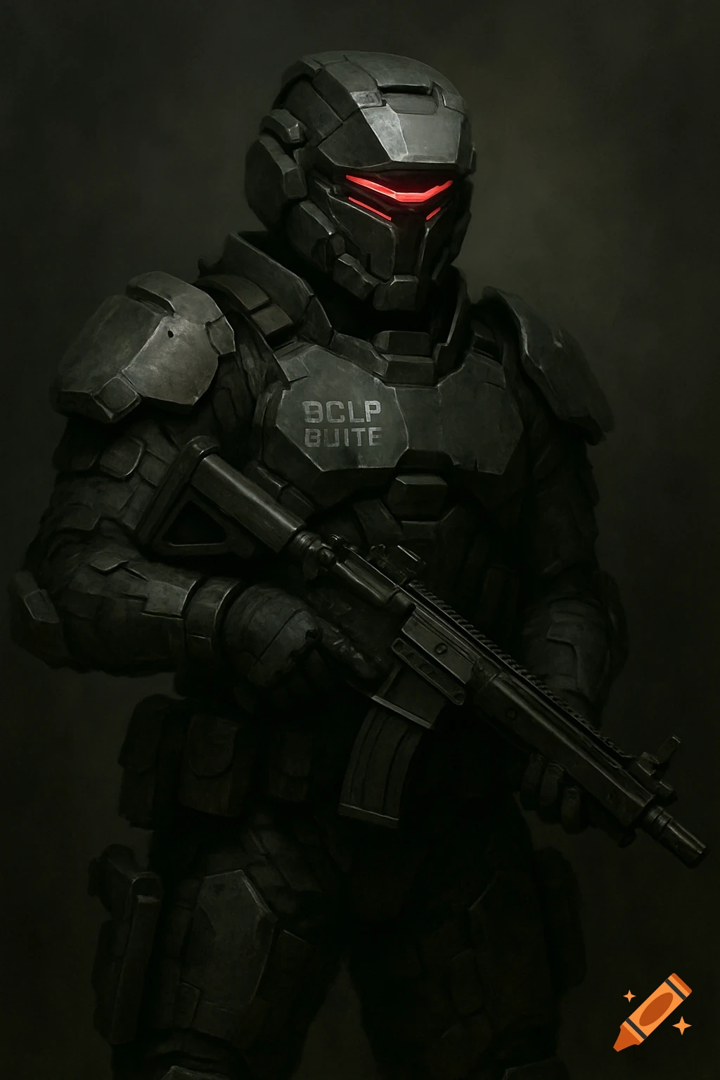 Soldier in dark futuristic armor with glowing red eyes holding a rifle