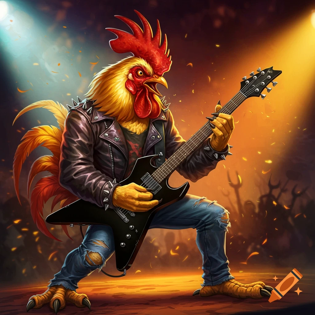 Cartoonish rooster in a leather jacket playing an electric guitar on a stage