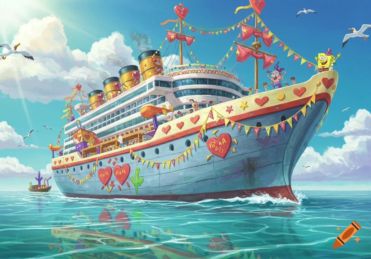 Cartoon image of a large, festive cruise ship decorated with hearts and banners, sailing on the sea with Spongebob and other characters on board.