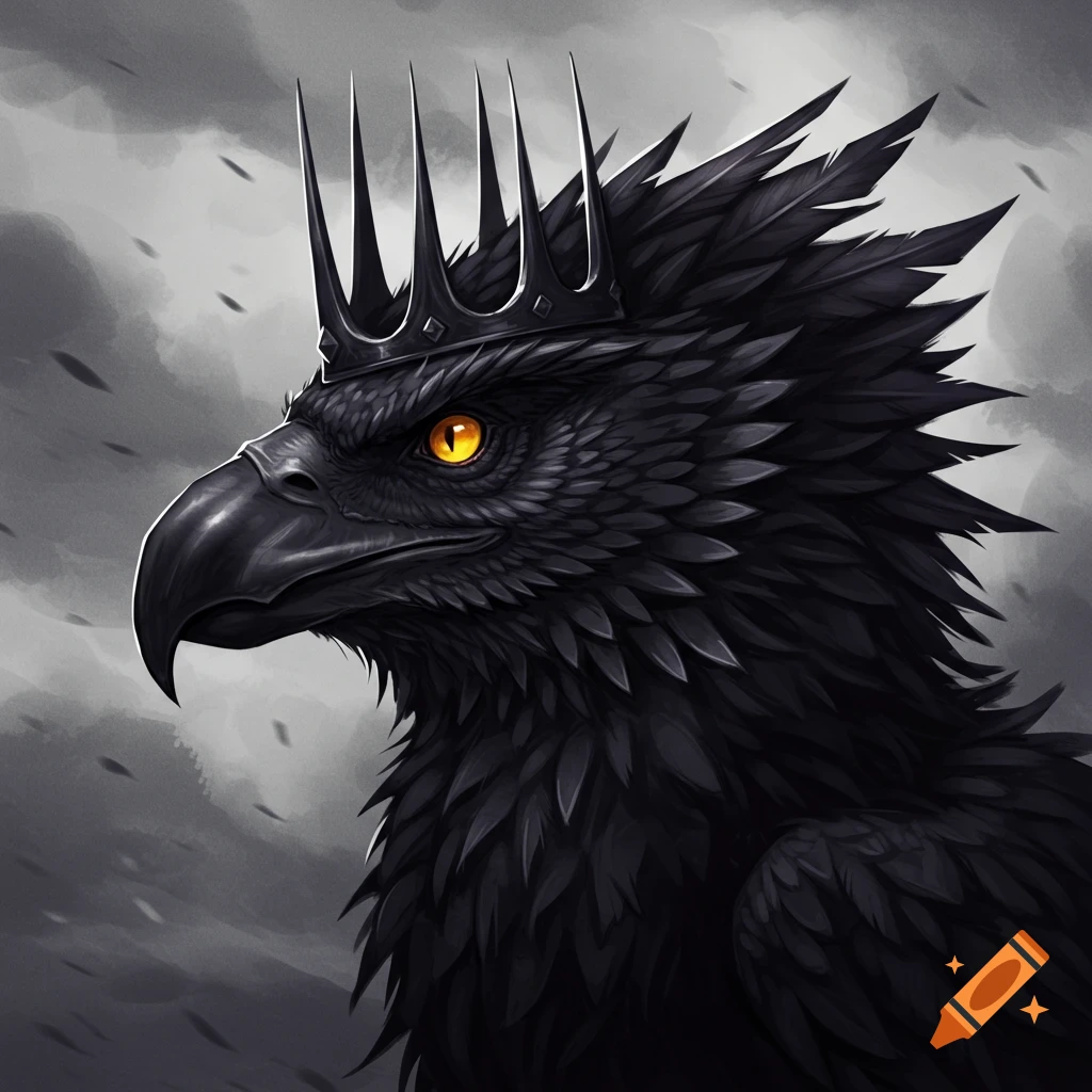 Close-up of a dark fantasy bird creature with golden eyes wearing a spiky black crown, facing left