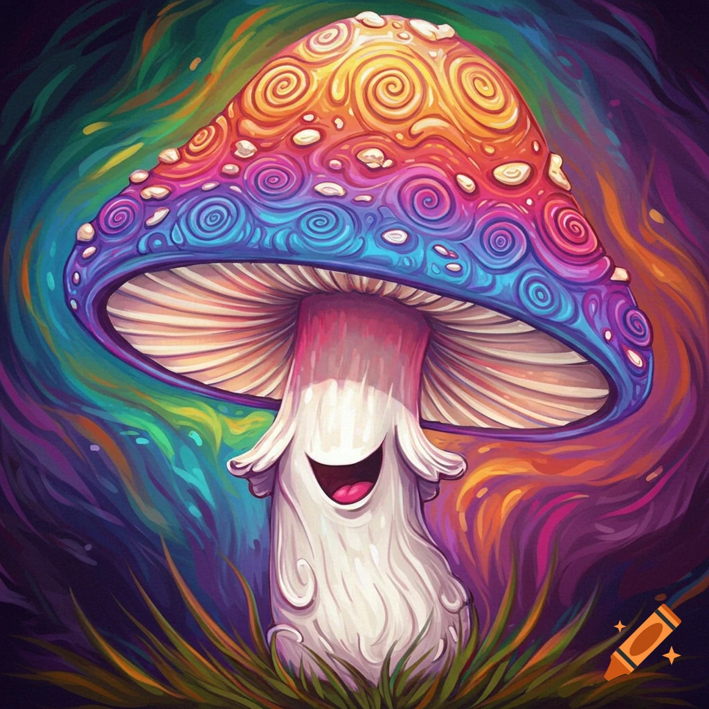 Colorful cartoon mushroom with a smiling face against a swirling, vibrant background.