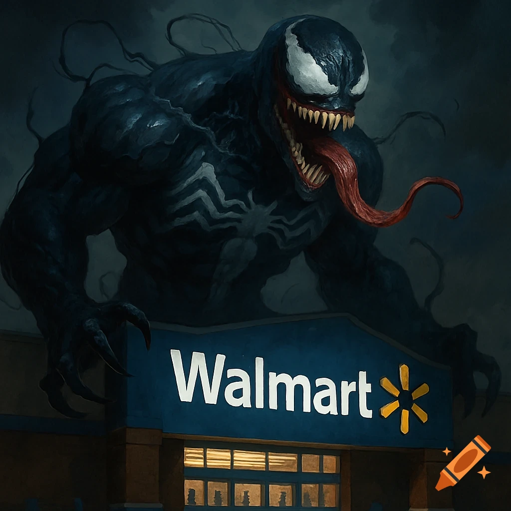 Marvel's Venom crouches menacingly over a Walmart store entrance in a dark, painted scene.