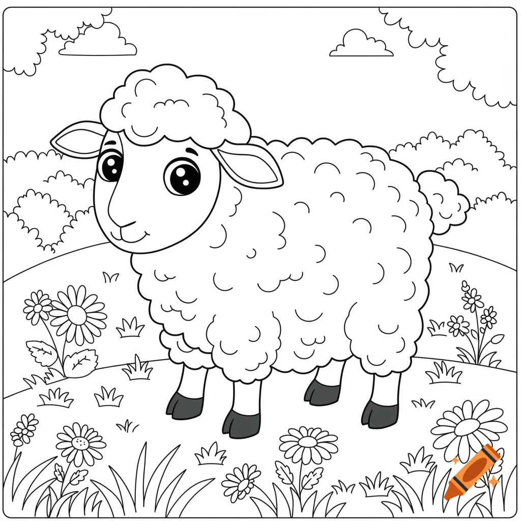 A coloring page featuring a cute sheep standing in a field of flowers.
