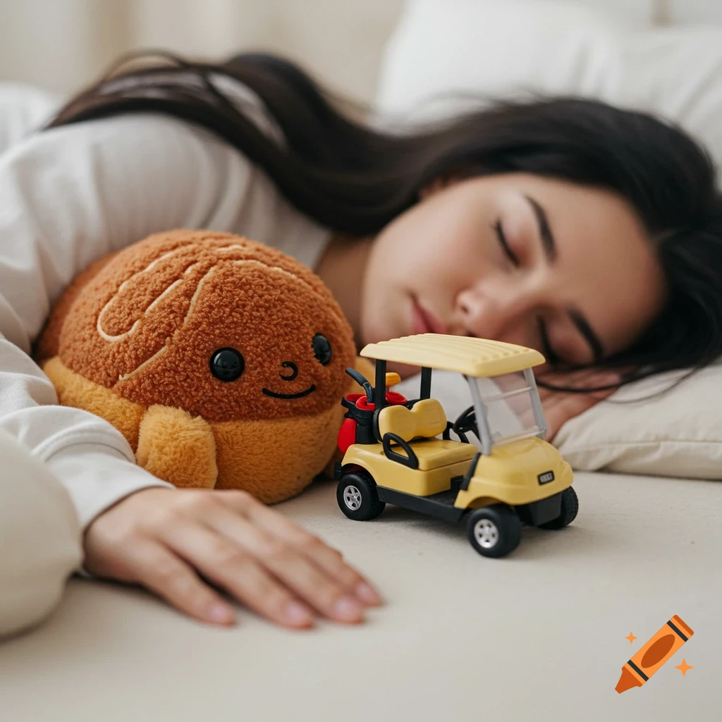A sleeping woman lies next to a plush brain toy and a toy golf cart.