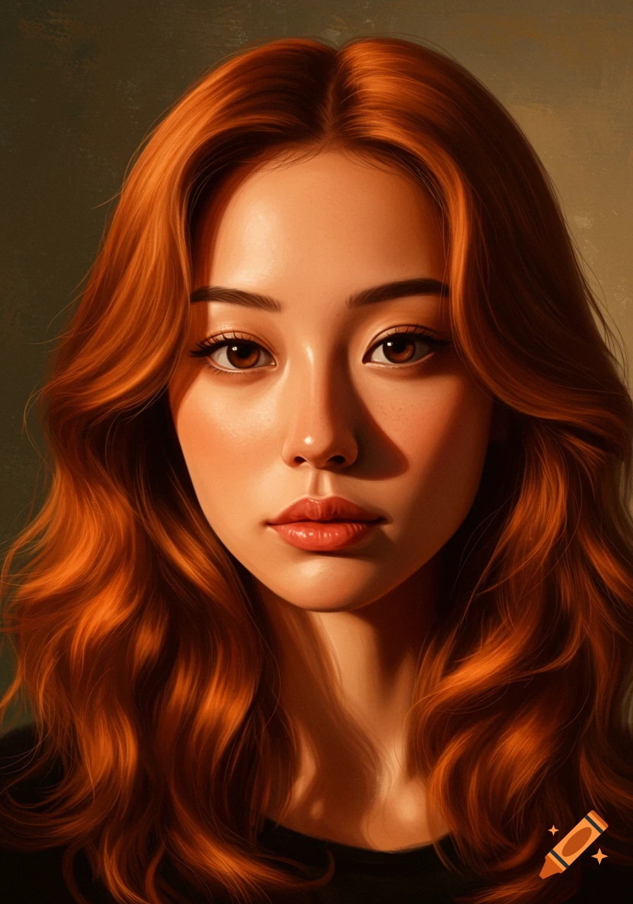 Realistic digital portrait of a young woman with copper-red hair.