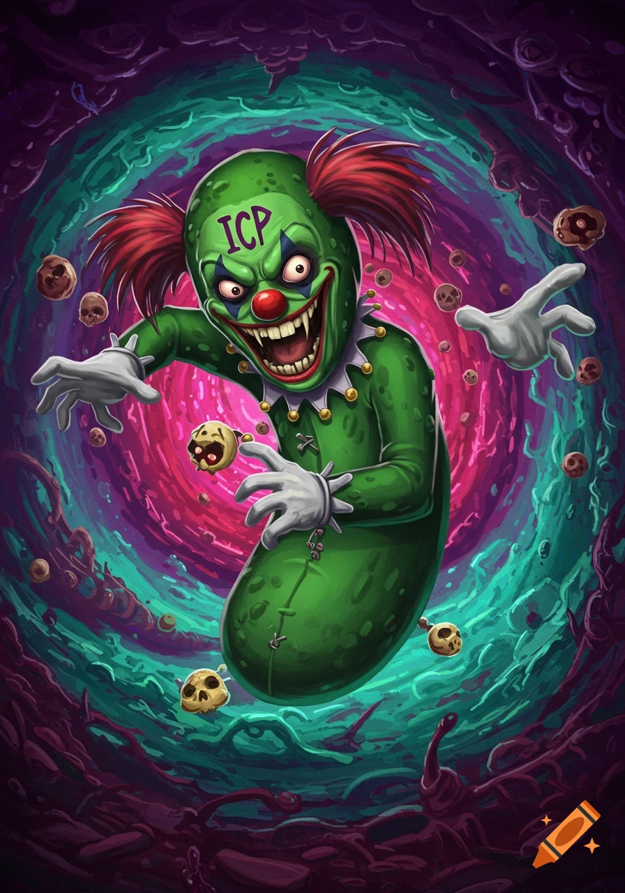 A scary green pickle character dressed as a clown with fangs and red hair floats in a swirly colorful void, surrounded by floating skull heads. "ICP" is on its forehead.