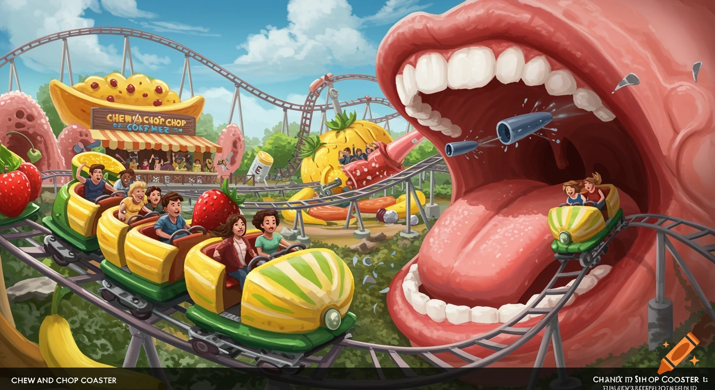 Cartoon illustration of a food-themed roller coaster with riders entering a giant open mouth in an amusement park setting.