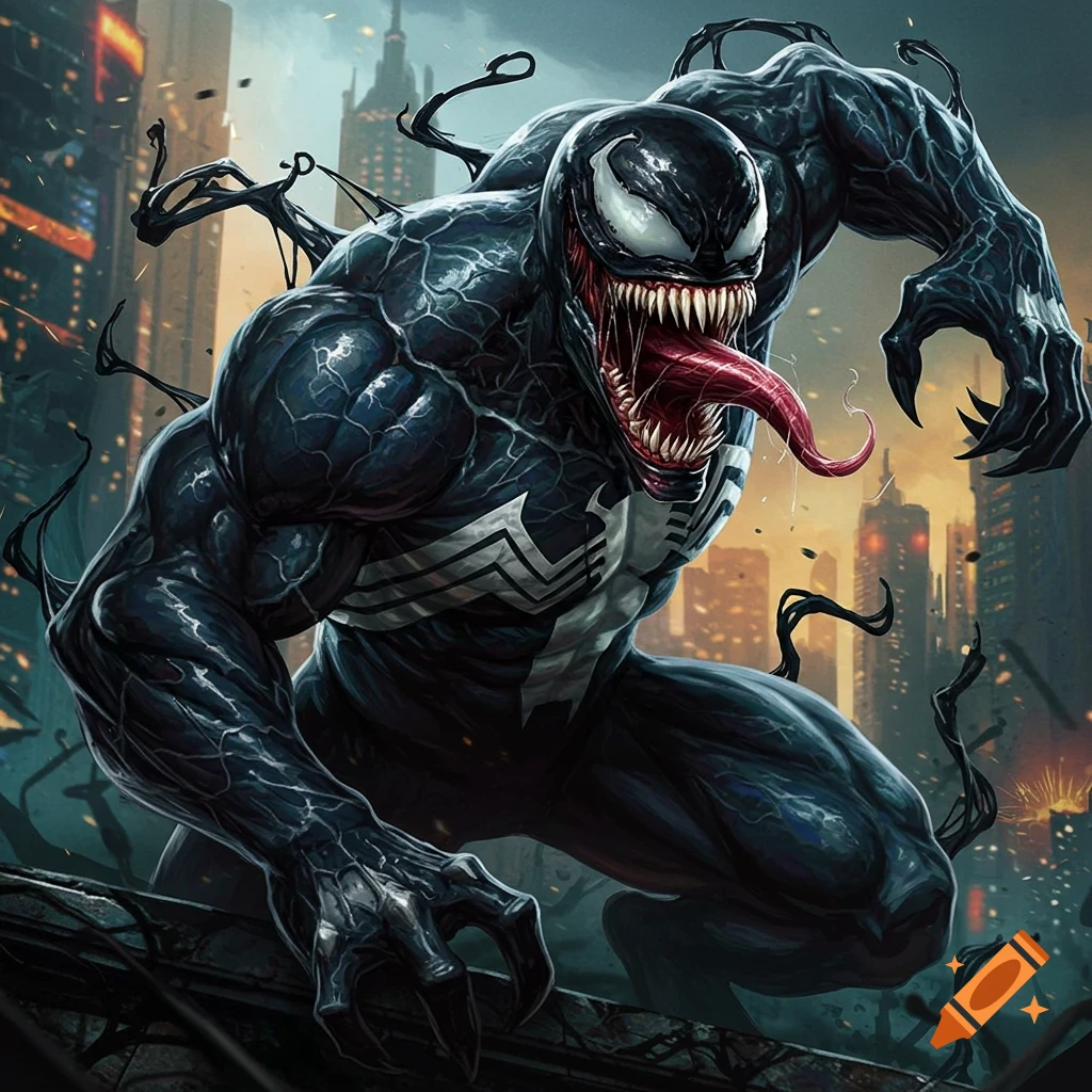 Venom crouches menacingly on a rooftop overlooking a city skyline, in a dynamic comic art style.