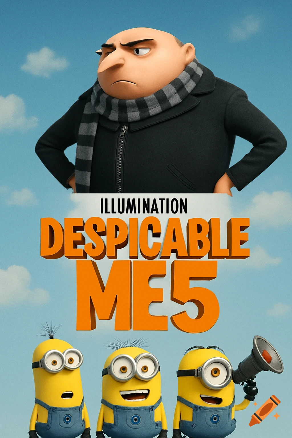 Movie poster for Despicable Me 5 showing Gru and three Minions