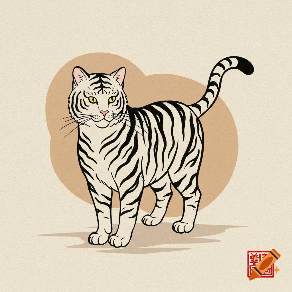 Stylized Japanese tattoo sketch of a white tiger with black stripes.