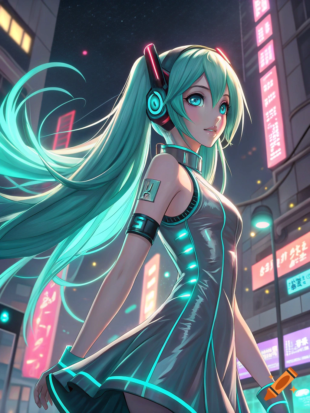Anime girl resembling Hatsune Miku in a futuristic city at night with neon lights.