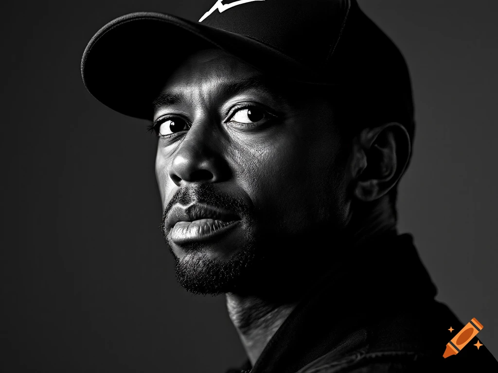 A black and white close-up portrait of a man in a baseball cap.