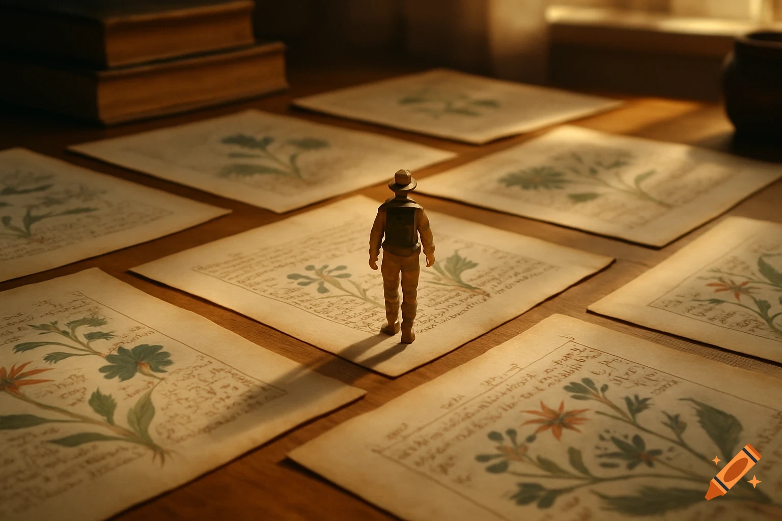 Miniature explorer figurine walks across pages of an old manuscript on a desk, cinematic lighting.
