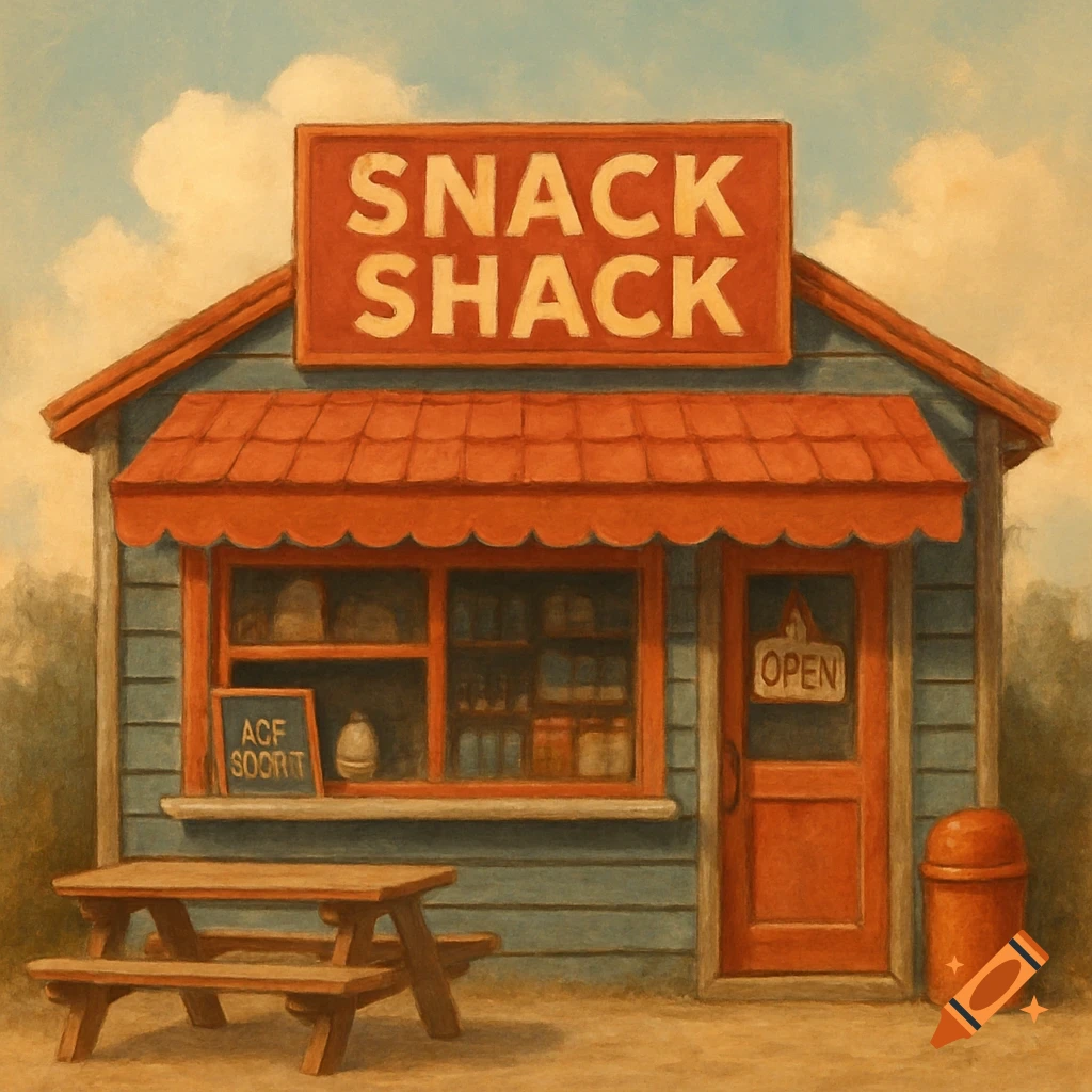 A small snack shack building with a red roof, blue siding, a picnic table, and a trash can outside, rendered in a painterly style.