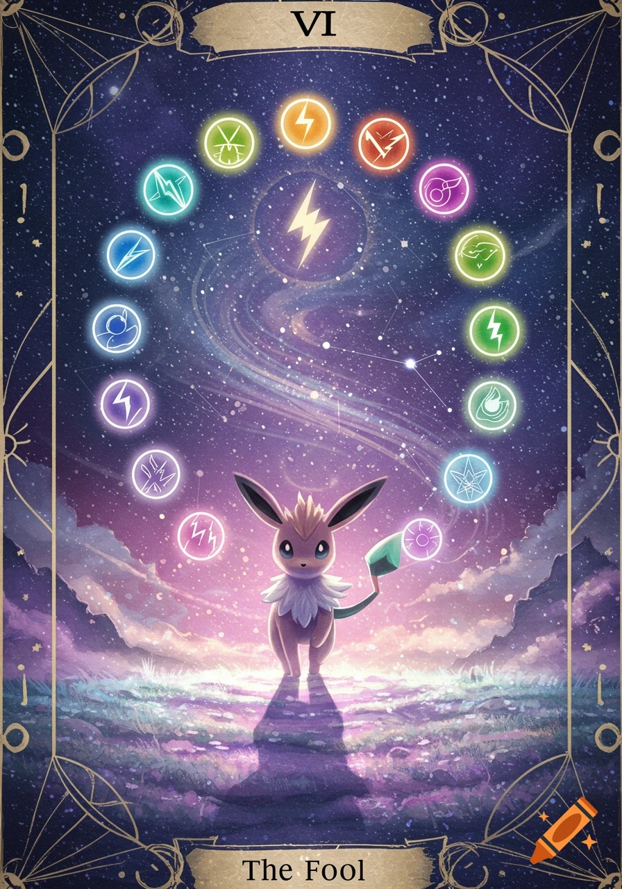 A tarot card featuring an Eevee-like creature in a cosmic setting with glowing evolution symbols. Text reads 'VI' and 'The Fool'.