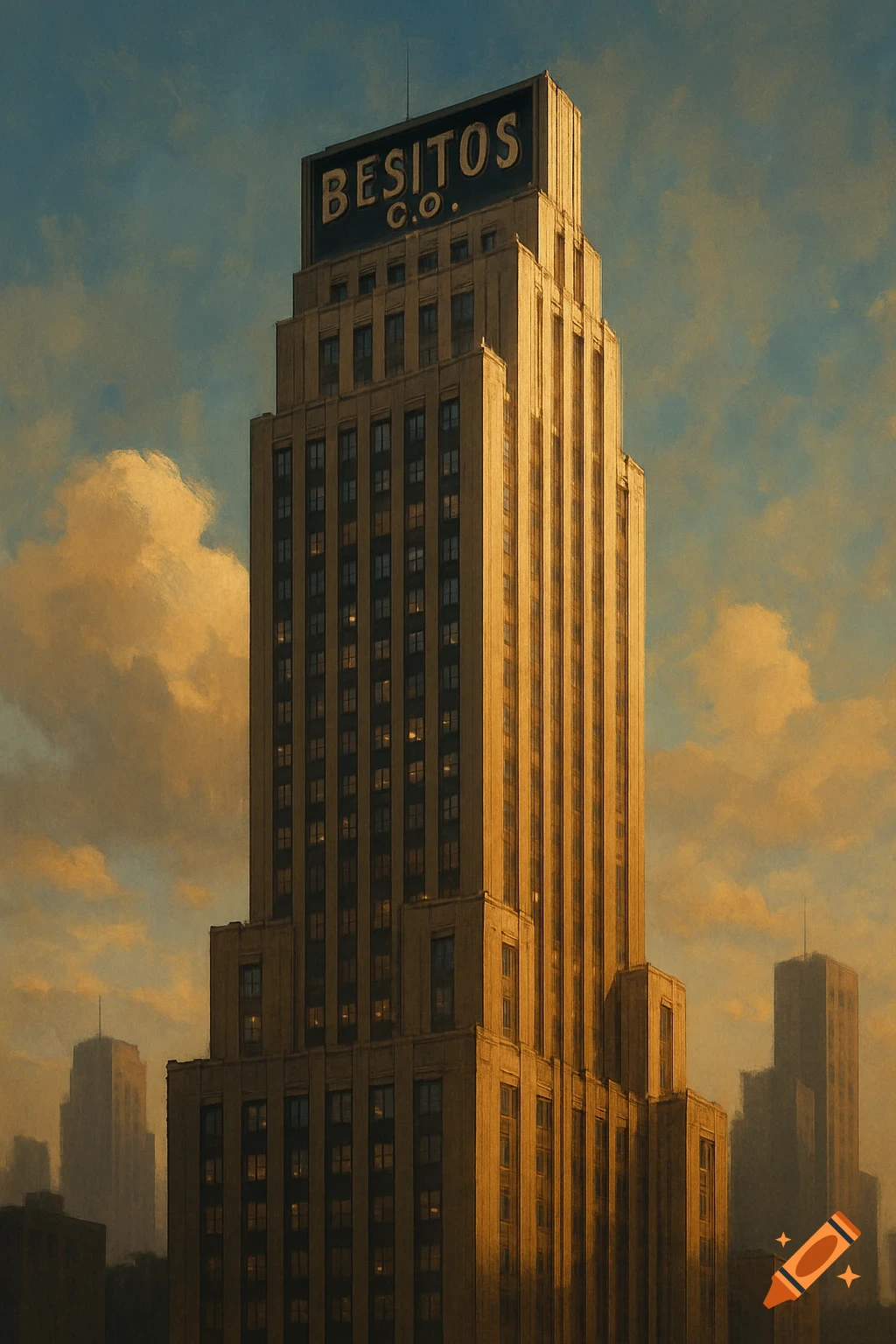 A stylized image of a tall skyscraper with "BESITOS C.O." text on top, against a cloudy sky.