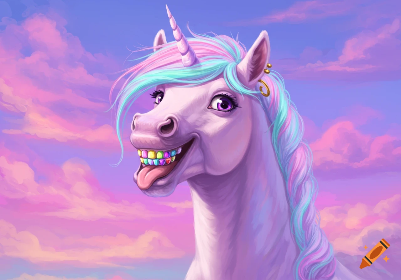 A purple unicorn with rainbow colored grillz and its tongue sticking out smiles at the viewer in a pink and purple sky.
