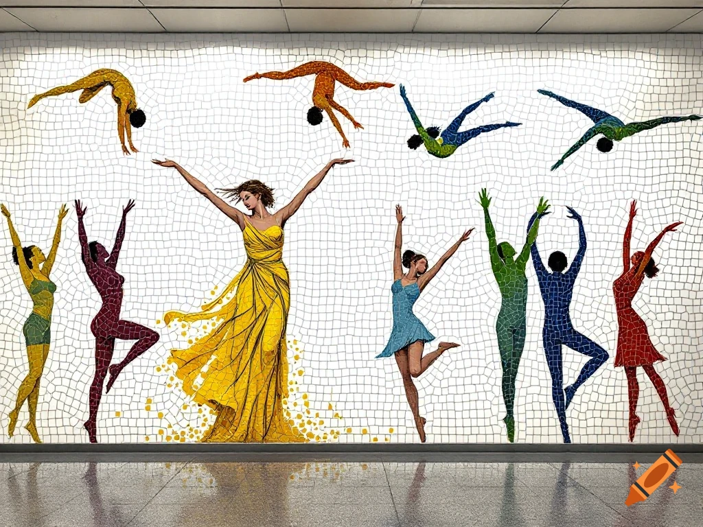 Mosaic mural of colorful stylized dancers and acrobats on a white tiled wall.