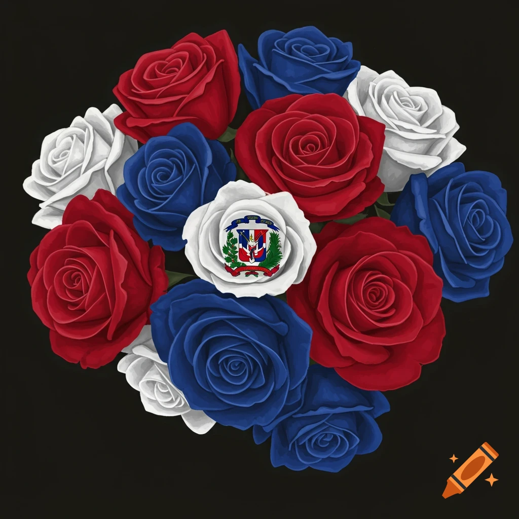 A bouquet of red, white, and blue roses with the Dominican Republic coat of arms on one white rose.
