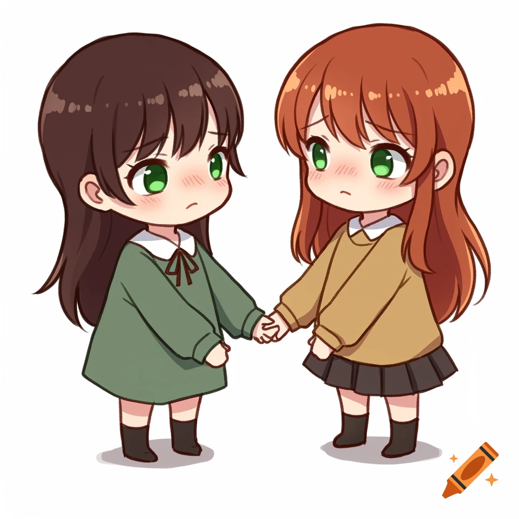 Chibi anime drawing of two young girls holding hands and blushing.