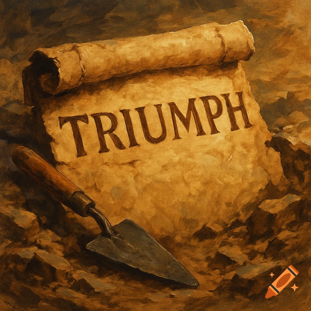 A painted image of a scroll with 'TRIUMPH' on it, partially buried with a trowel.