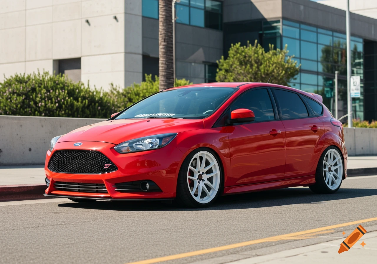 Red 2013 Ford Focus ST with white wheels parked on a street.