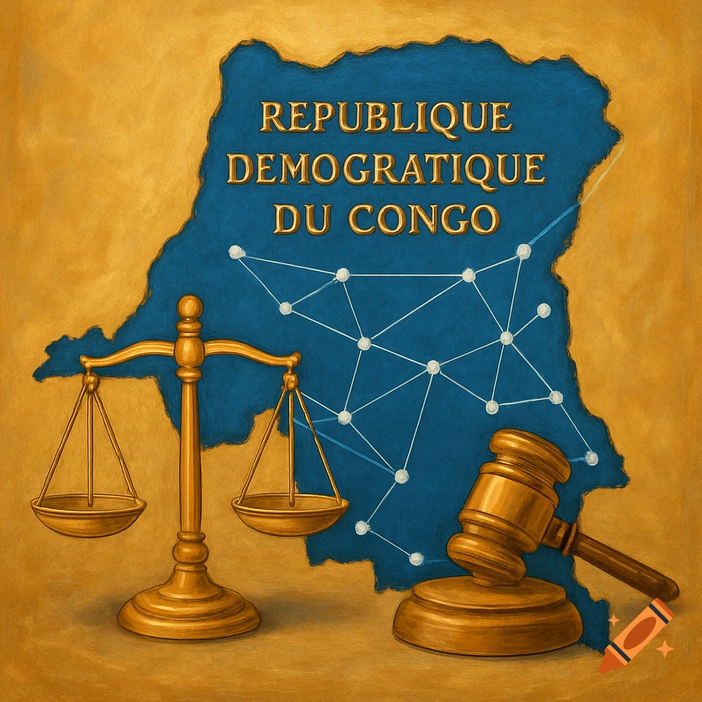 Illustration of a map of the Democratic Republic of Congo with scales of justice, a gavel, and network lines.