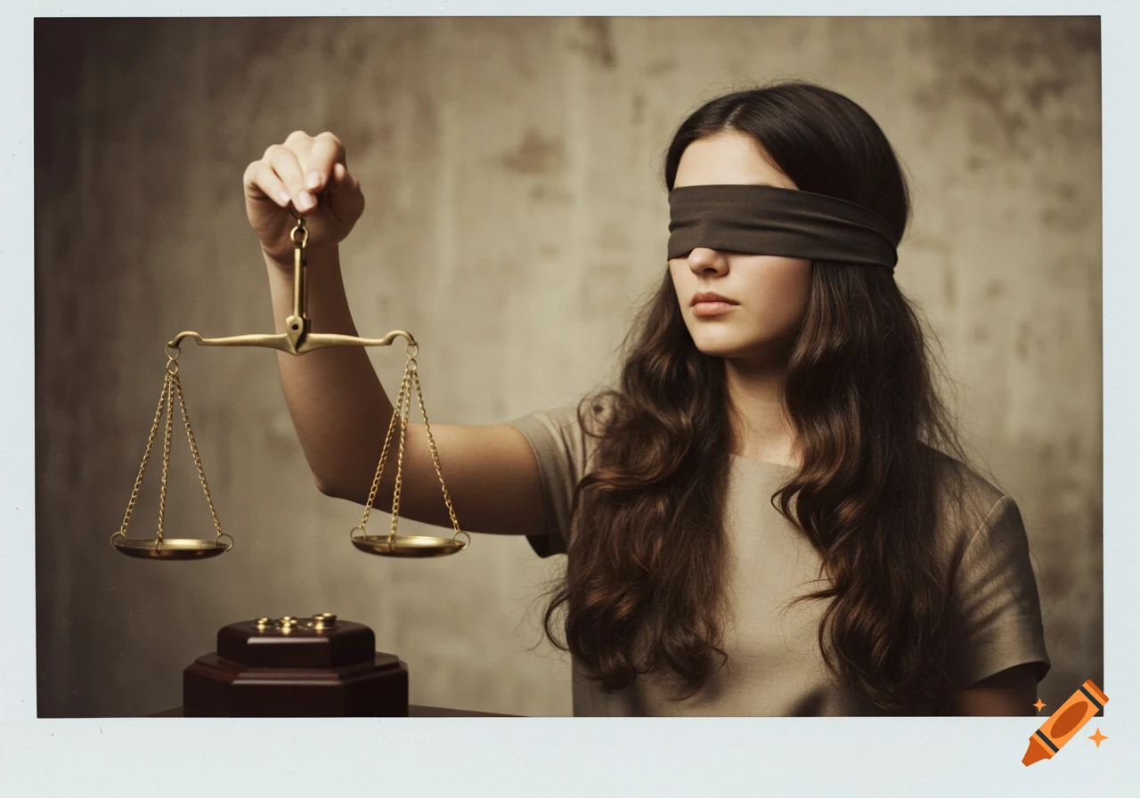 Blindfolded woman in a dress holding scales of justice in a vintage Polaroid photo